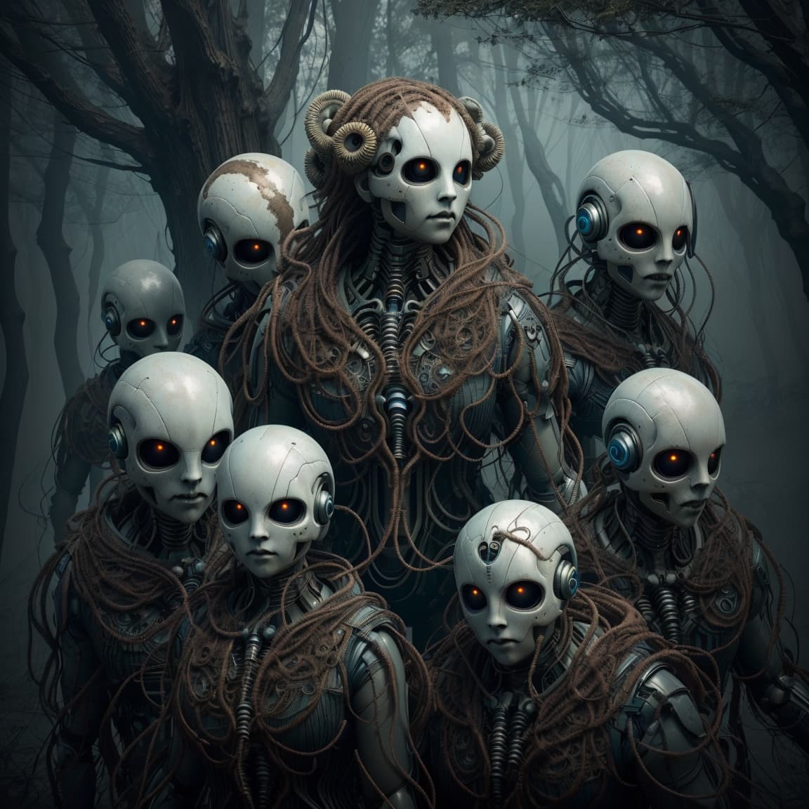 AI generated: a group of biopunks with their entire faces and heads resembling different planet and moons, complet...