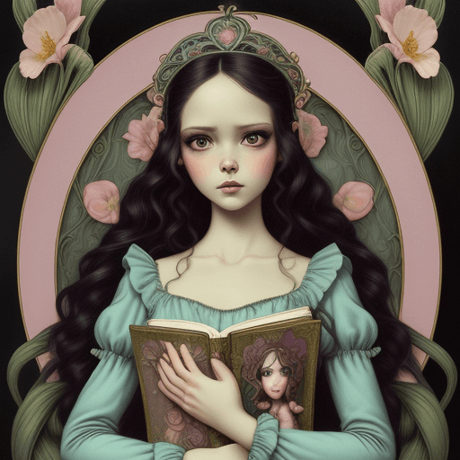 AI generated: chica bella y elegante, libro, Enredadera de jazmín, glicinas, palacete pintoresco, cerezos en flor,...