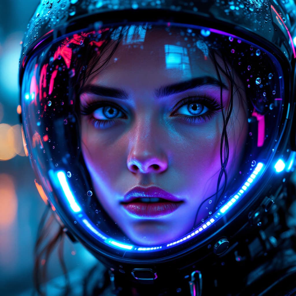 AI generated: A close-up portrait of a woman wearing a cyberpunk helmet, featuring a transparent visor that fully ...