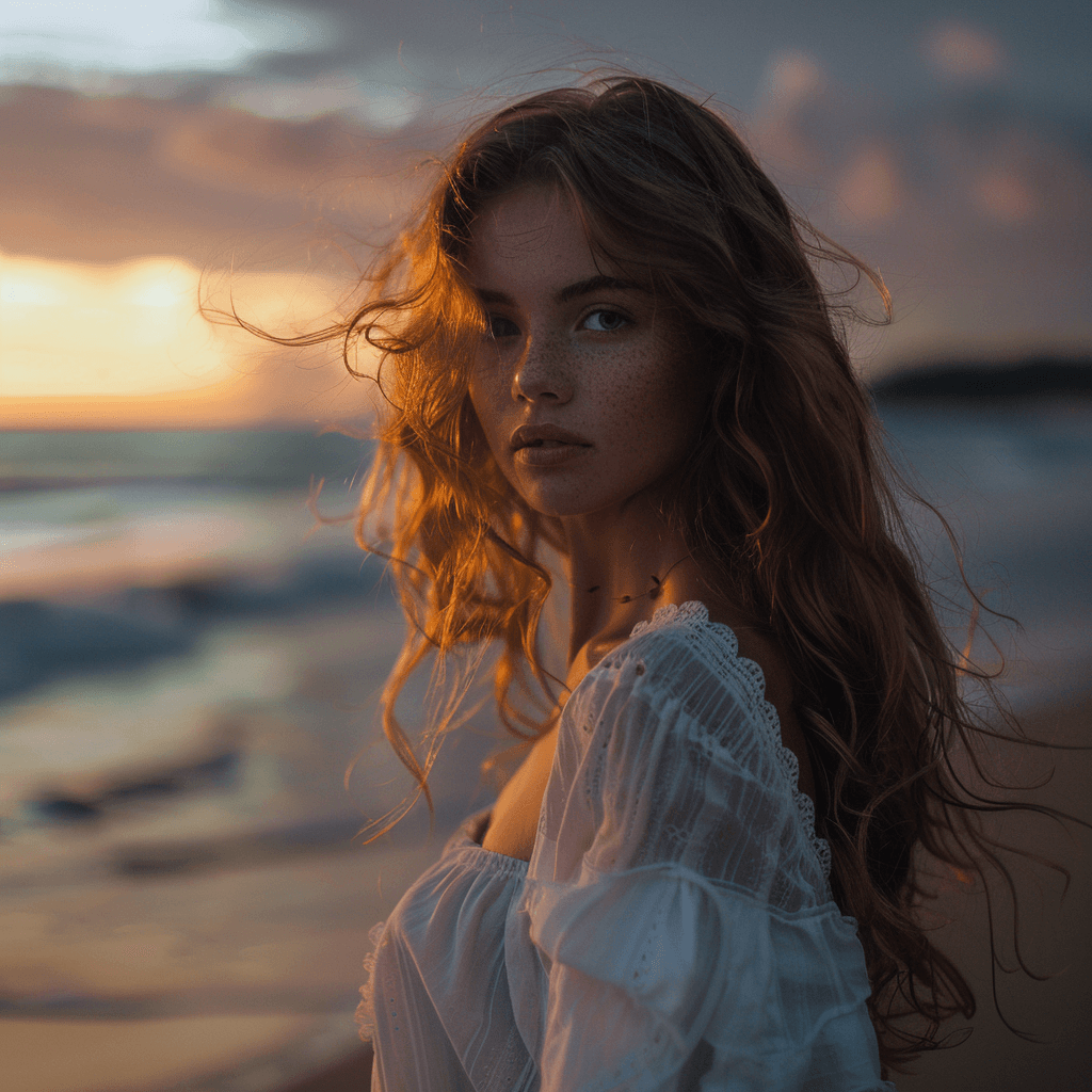 AI generated: beautiful Isabella at the beach, high quality photograph, evening atmosphere