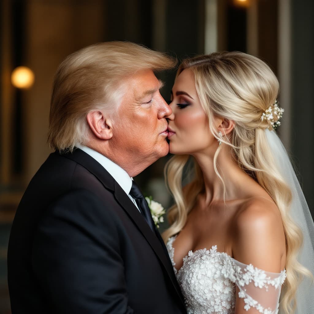 AI generated: Female donald trump with long blonde hair and blue eyes wearing a wedding dress while kissing her gi...