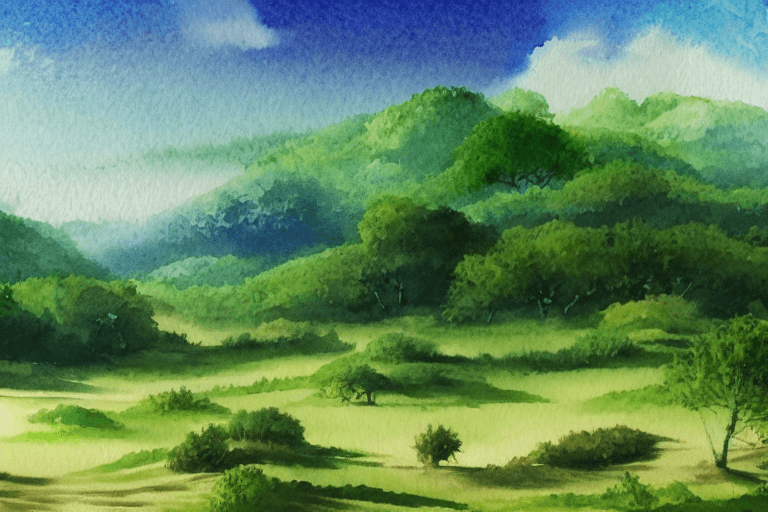 AI generated: a watercolor painting of a beautiful landscape and horizon, verdant forests as far as the eye can se...