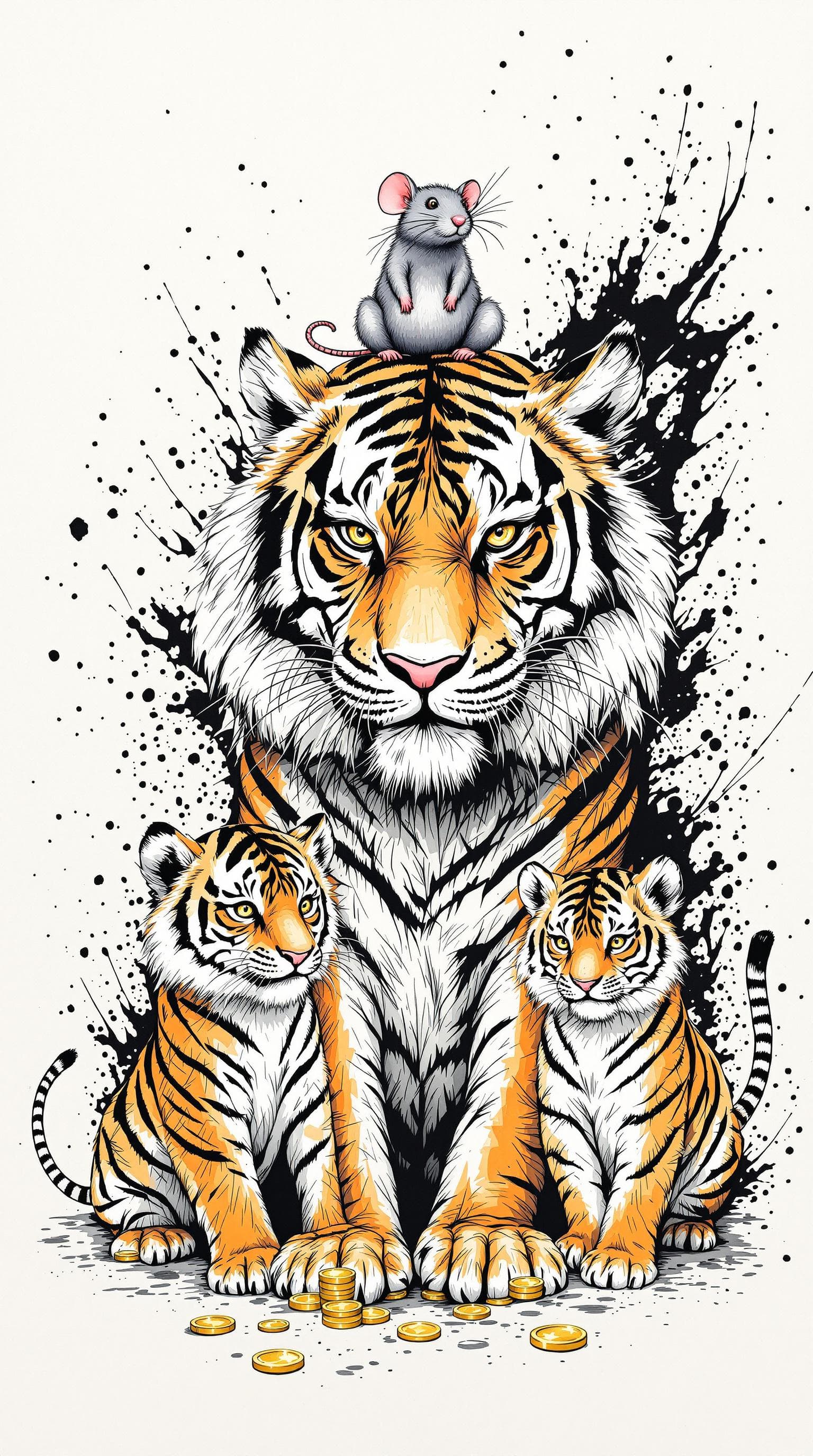 AI generated: a tiger and two tiger cubs, and a oversized mouse,ferocious, detailed,full-body shots,ink style,Ink ...