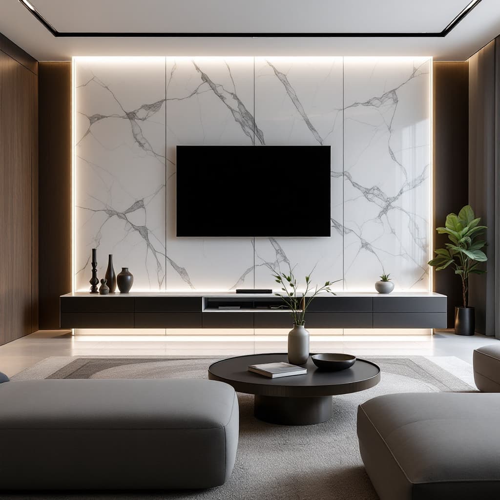 AI generated: A high-end, contemporary living room with a cutting-edge TV wall installation, crafted from gleaming...