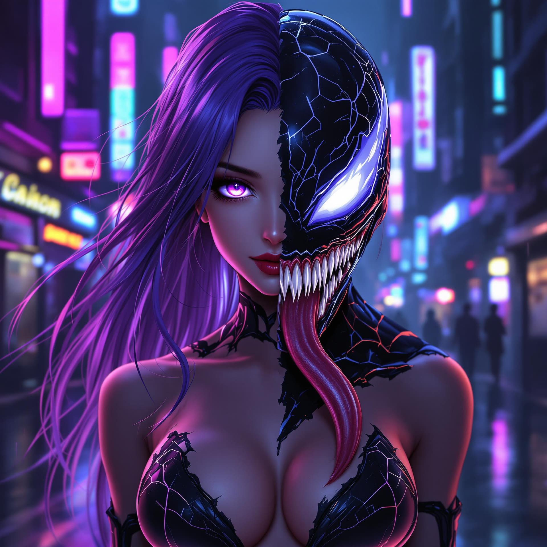 AI generated: A stunning anime-style portrait of a seductive young female character with long, flowing violet-tint...