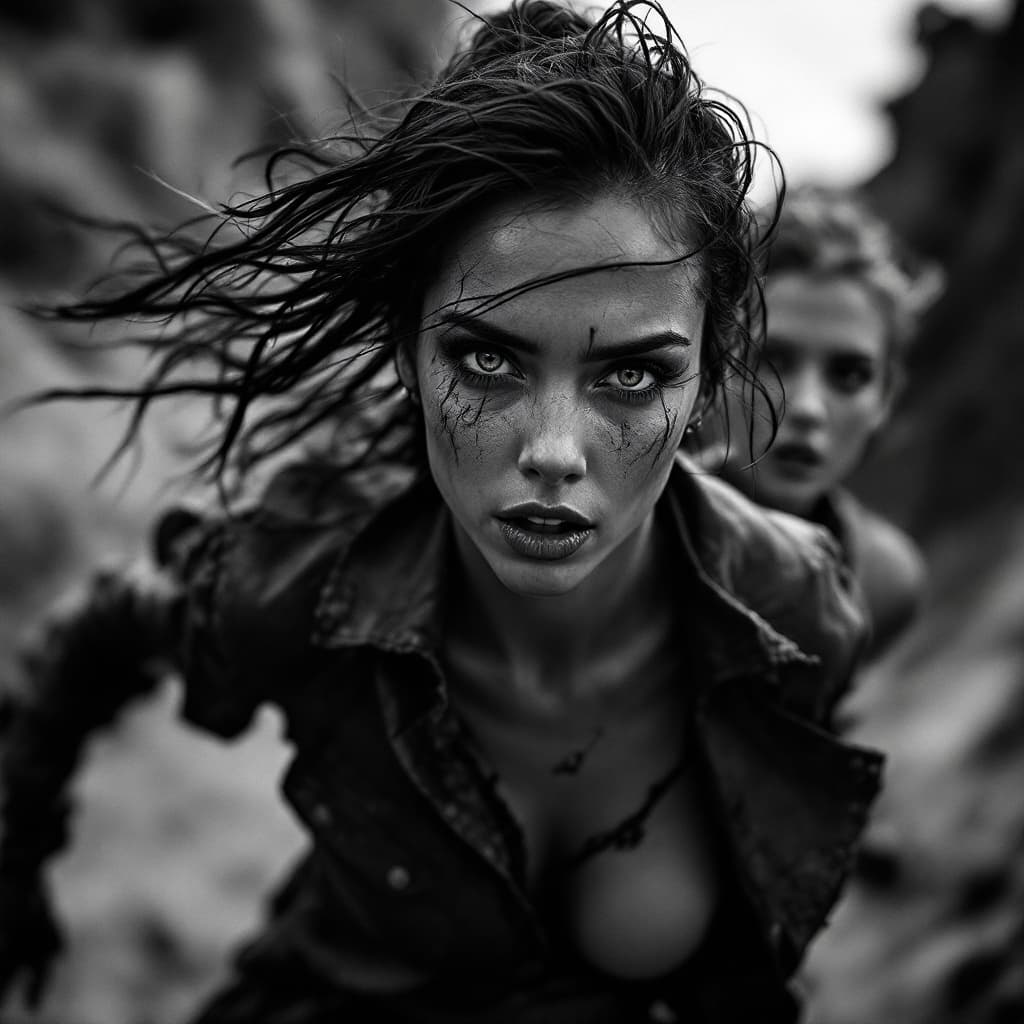 AI generated: black and white photograph of women running, in the style of intense gaze, hauntingly beautiful, ric...