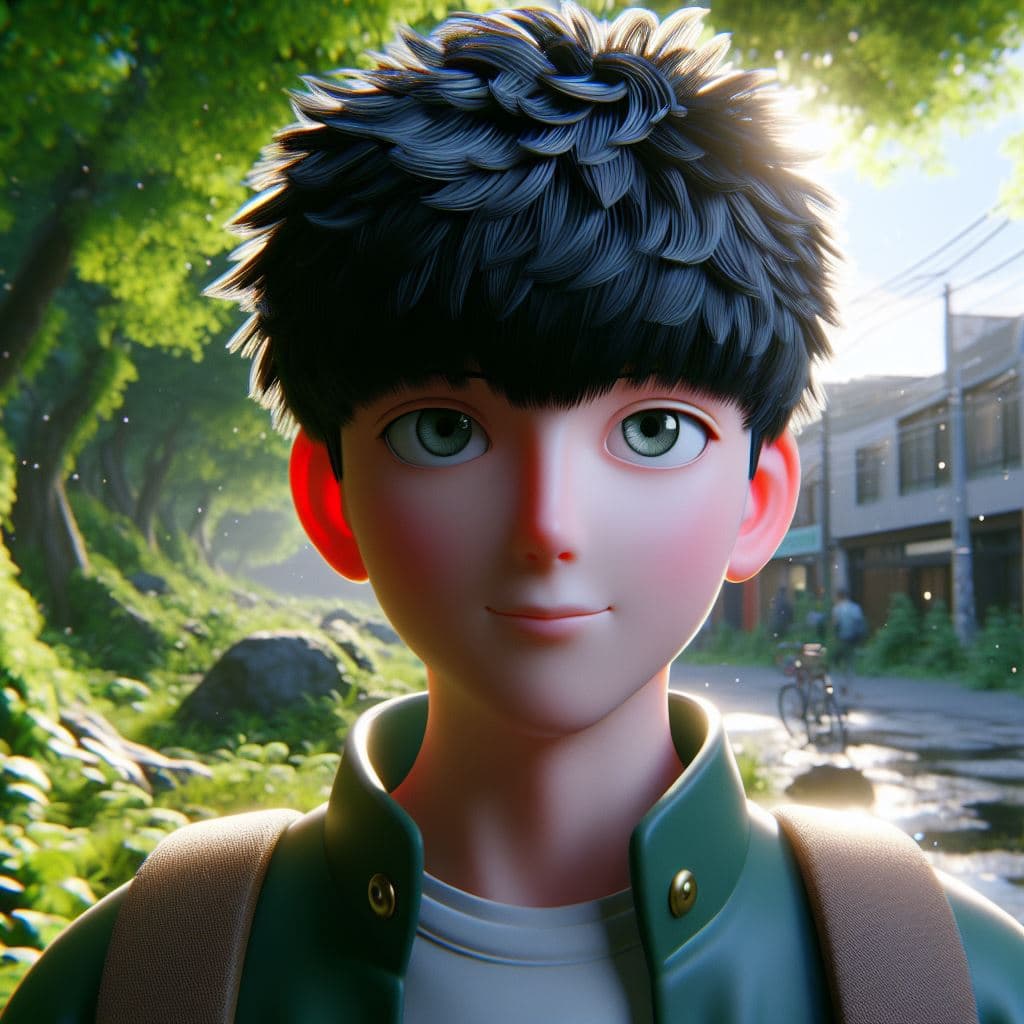 AI generated: an ultra-realistic 3D rendering of Mob from Mob Psycho 100 in a natural anime setting. Utilize PBR s...