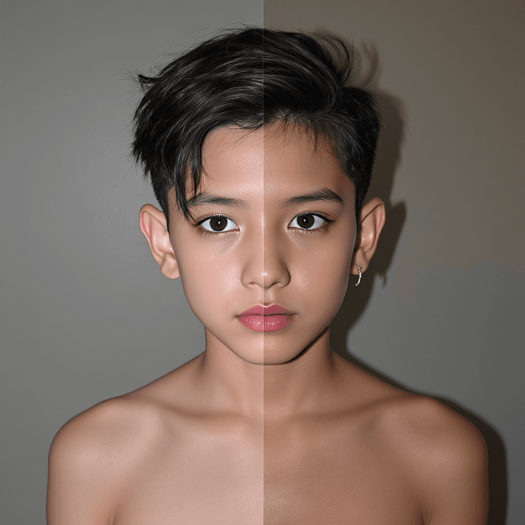 AI generated: (best quality), undressing, trendy haircut, size difference muted colors, high contrast, (natural sk...