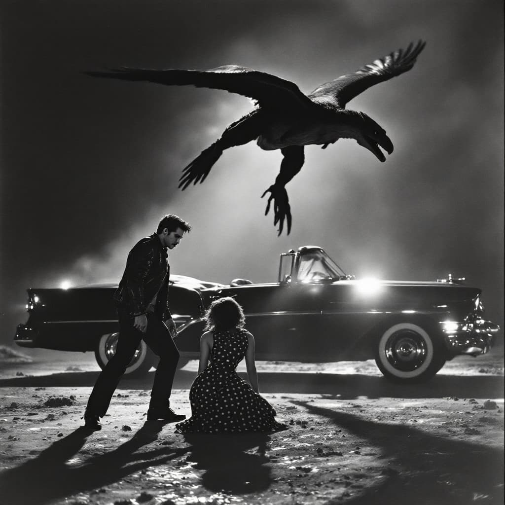 AI generated: "Depict a dramatic black-and-white 1950s action movie scene, photographed in the style of vintage fi...