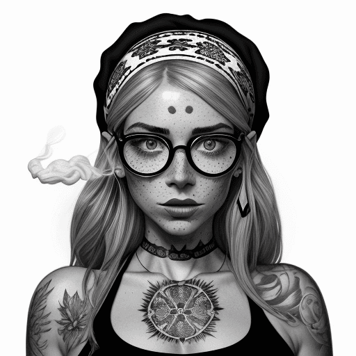 AI generated: detailed black and white drawing of an attractive woman german with freckles, wearing large round gl...