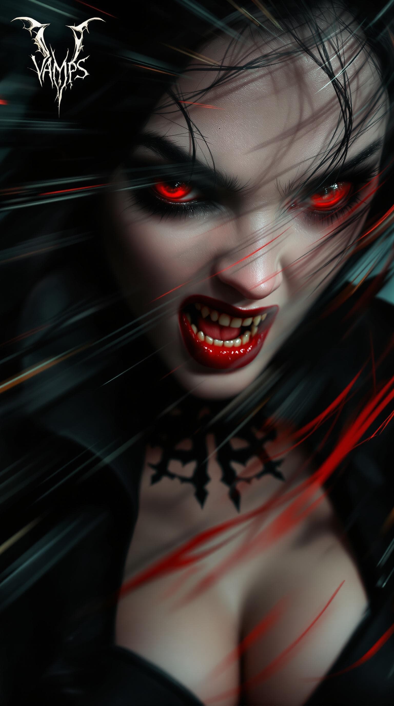AI generated:  VAMPS horror magazine cover: A dynamic,full view close-up of a beautiful bewitching vampire woman w...