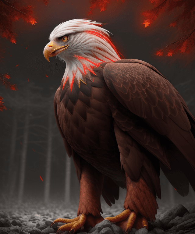 AI generated: magical autumn forest, eagle hunter, gravel path, intricate red ornate cloak, humanoid body, red and...