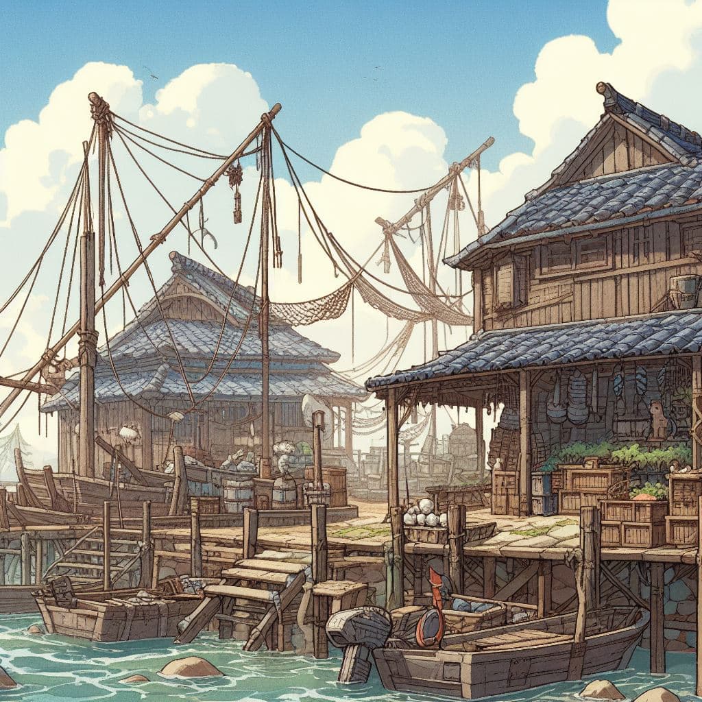 AI generated: fishing village in the desert 2D scenario for a point an click adventure game | traditional manga ar...