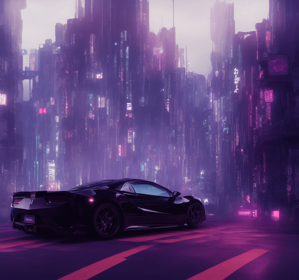 AI generated: wide angle action shot of a black Acura NSX in beautiful cyberpunk city, highly textured, highly det...
