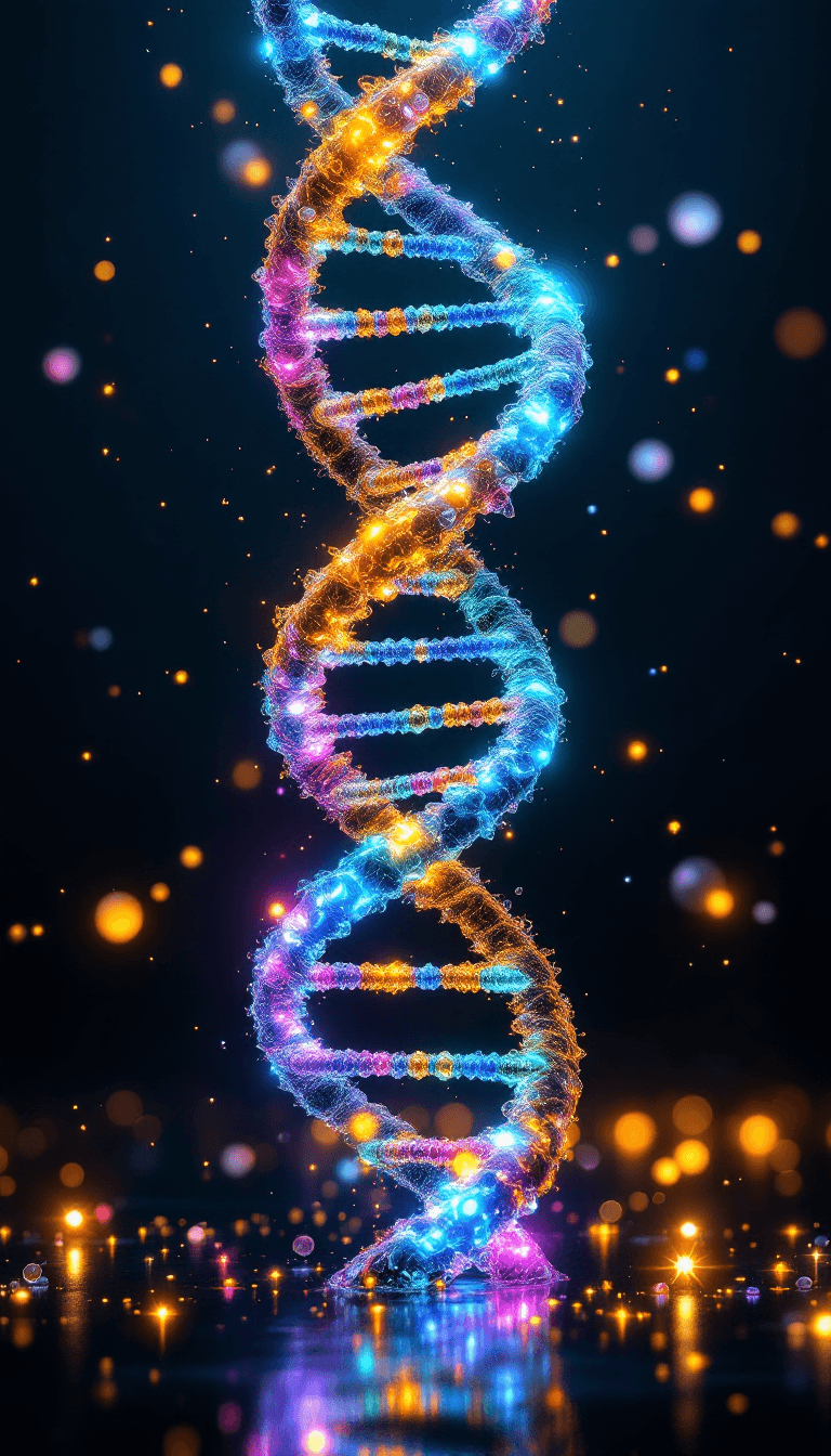 AI generated: "A highly detailed and vibrant depiction of a DNA double helix structure, floating in a dark, reflec...