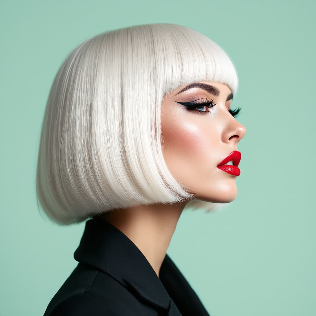 AI generated: Professional fashion portrait of a woman with platinum blonde, sleek bob haircut against a pale mint...