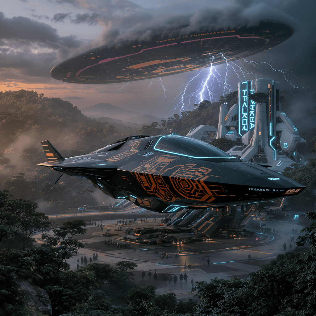 AI generated: Futuristic Epic Adventure, Advanced Tartaria building in the background , thick, beautiful lush jung...
