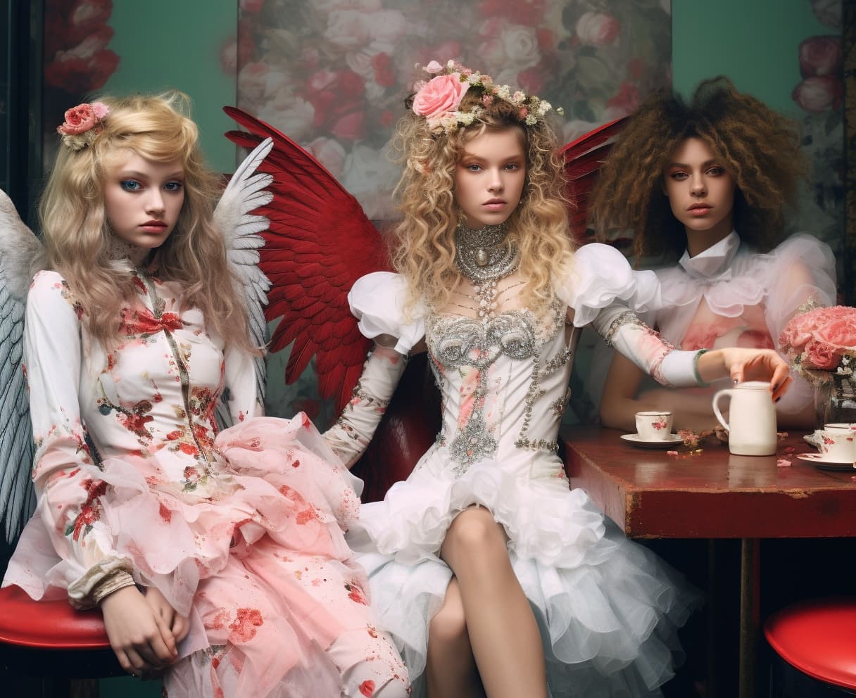 AI generated: Detailed photogtaphy a women sit in surrounded by angels, matthias haker, domestic scenes, suspended...