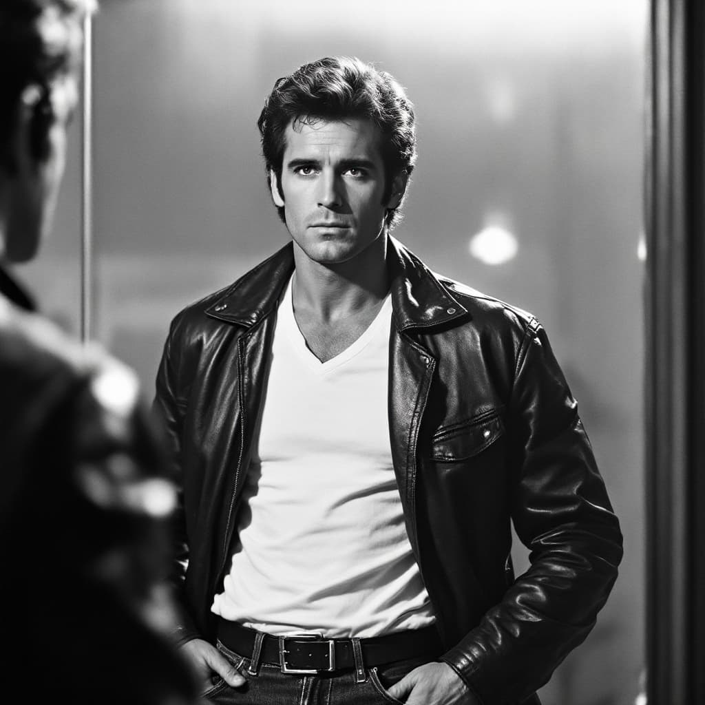 AI generated: A black-and-white scene captures the effortlessly cool essence of the Fonz from *Happy Days*. Standi...