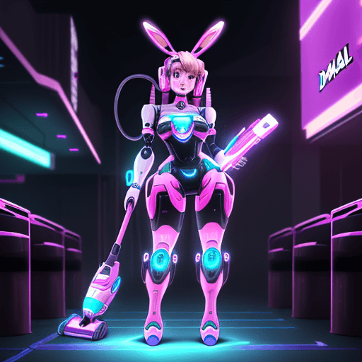 AI generated: a duracell battery bunny themed D.va anime mecha girl. part robot part human. scifi city lights back...