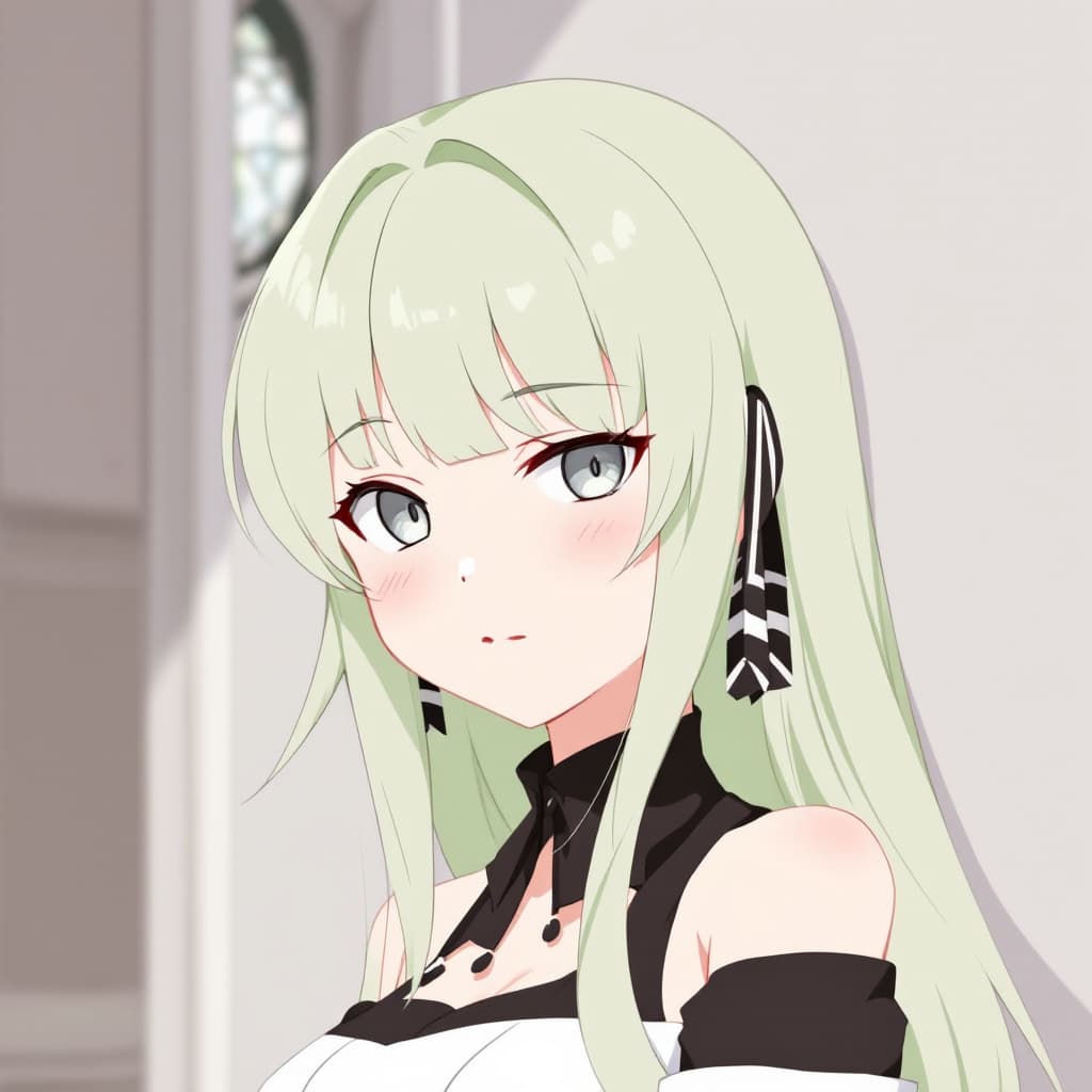 AI generated: anime,girl,solo,soft tone hair,pastel green hair,long hairs,white eyes,perfecteyes,eyebrows,hair beh...