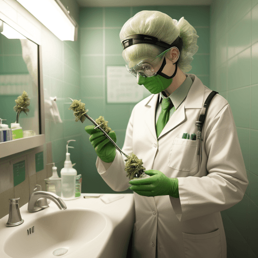 AI generated: a radioactive chemist doing flowers of marijuana in a little bathroom