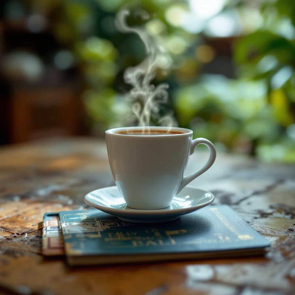 AI generated: A passport where stamps are tiny iconic moments (a coffee cup for Italy, a hammock for Bali), hyperr...