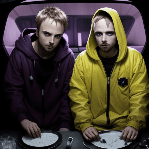 AI generated: jesse pinkman and waler wait cookedd in the space, breaking bad, dark, purpl, great,