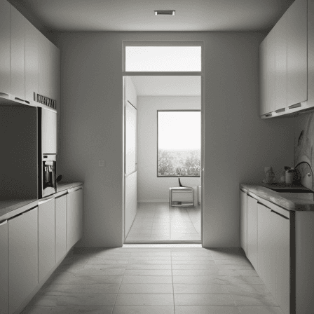 AI generated: Interior design kitchen,16k corona render,viz arch,modern style,u kitchen on the right,sink in front...