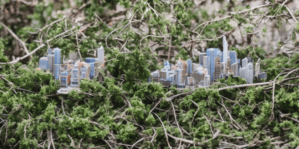 AI generated: a tiny city amongst tree branches
