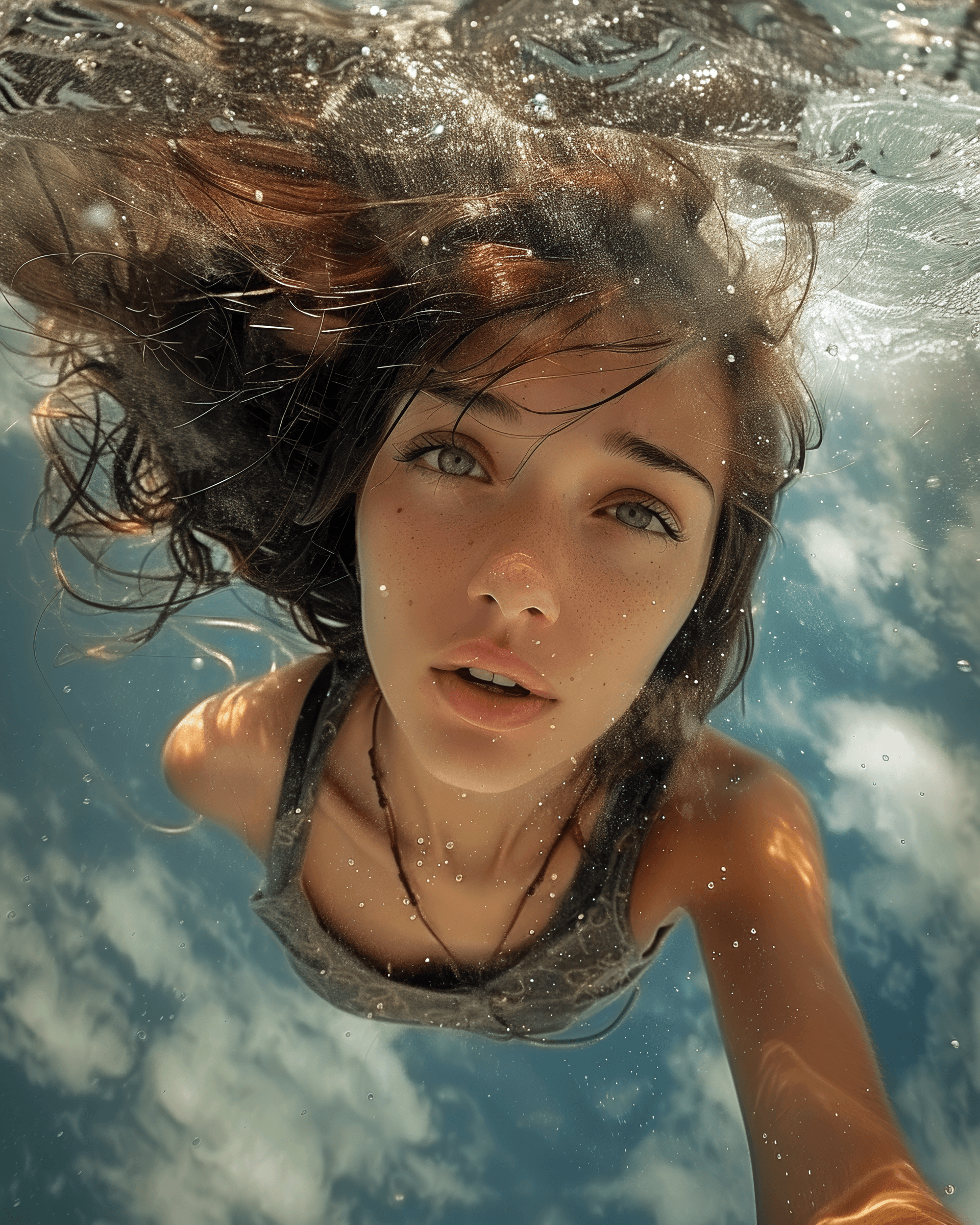 AI generated: a young woman, Overhead perspective, Full Body Shot, Reaction Shot,wind, vivid colors, lively, quali...