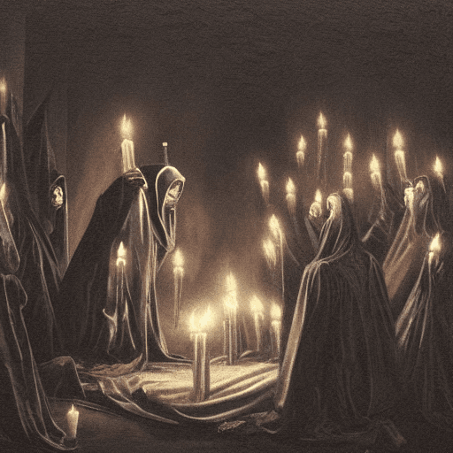 AI generated: a dark Baroque painting of a cloaked hooded pale zombie cultist priests performing satanic rituals i...