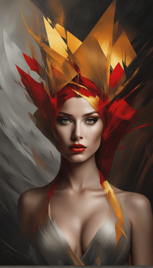 AI generated: An painting of beautiful woman in red dress with abstract painting splash, dark background. Artist:{...