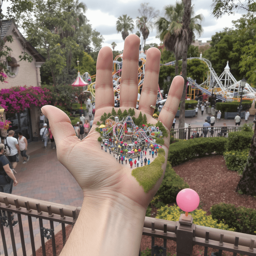 AI generated: Someones palm and I side their palm we see a miniature theme park Great America full of people visit...