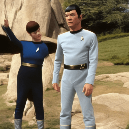 AI generated: A Vulcan in the Star Trek tradition with pointed ears and Star Trek Uniform 