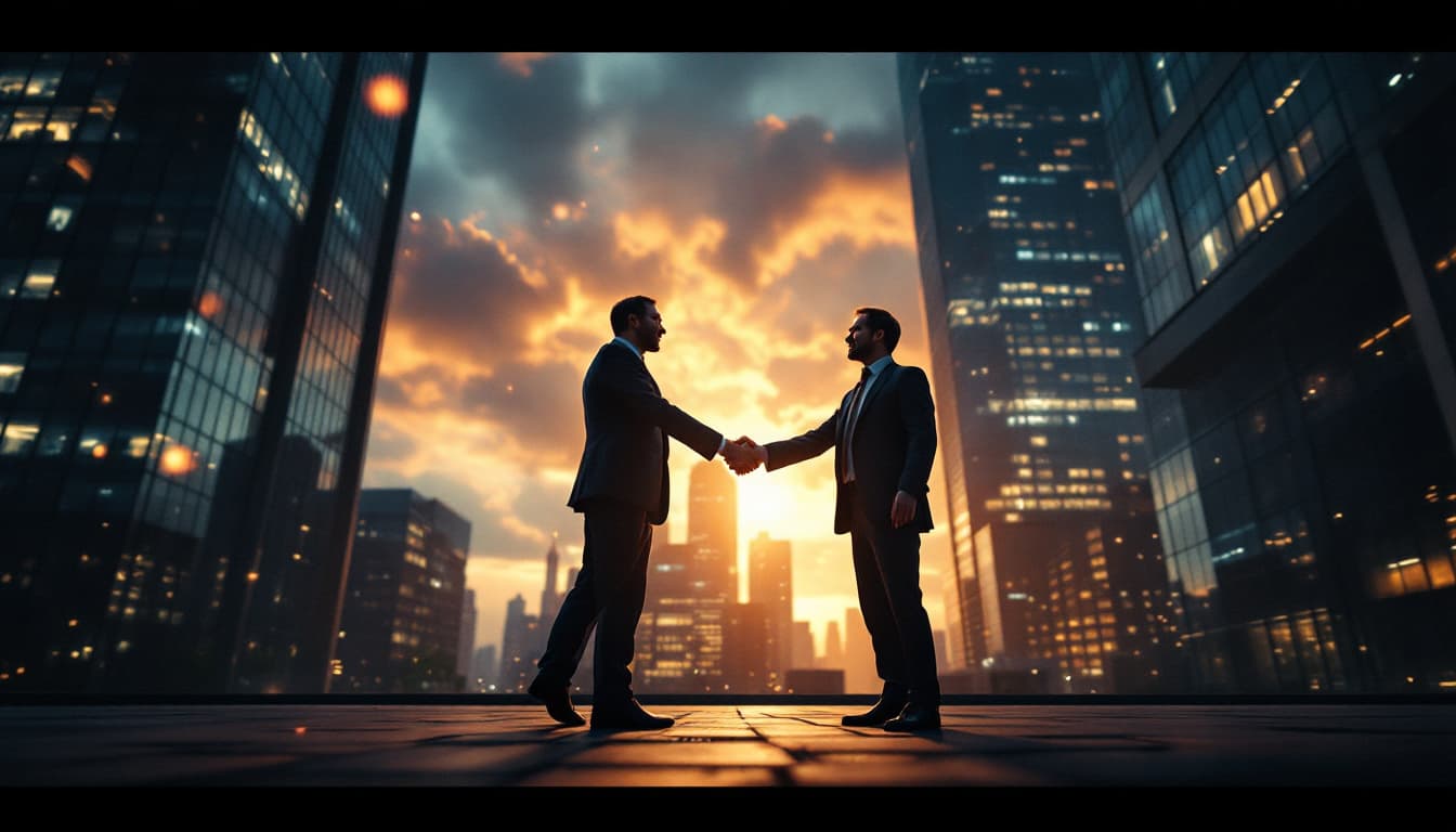 AI generated: 
Dramatic scene of two clients celebrating success, two people shaking hands, commercial building sc...