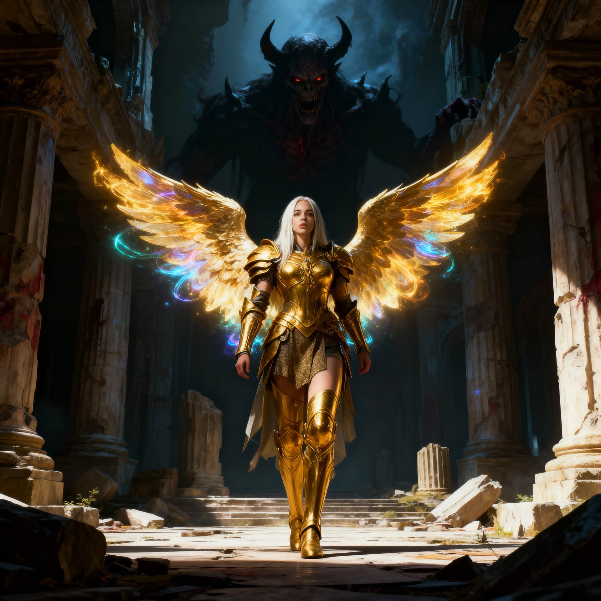 AI generated: Golden angelic armored female blonde warrior with magical wings stands boldly in ruined temple; eeri...