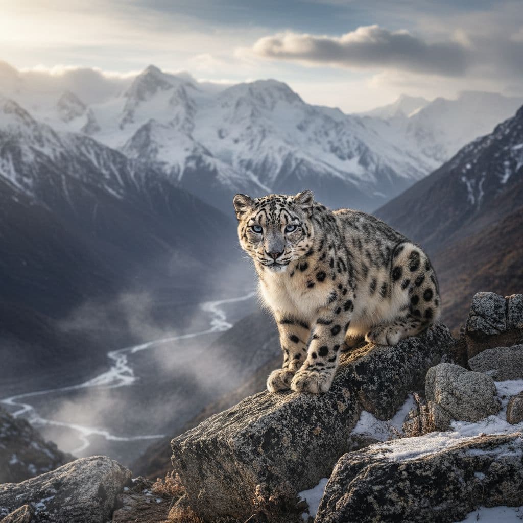AI generated: “A snow leopard perched on a rocky cliff in the Himalayas, thick fur coat, piercing blue eyes, fog r...