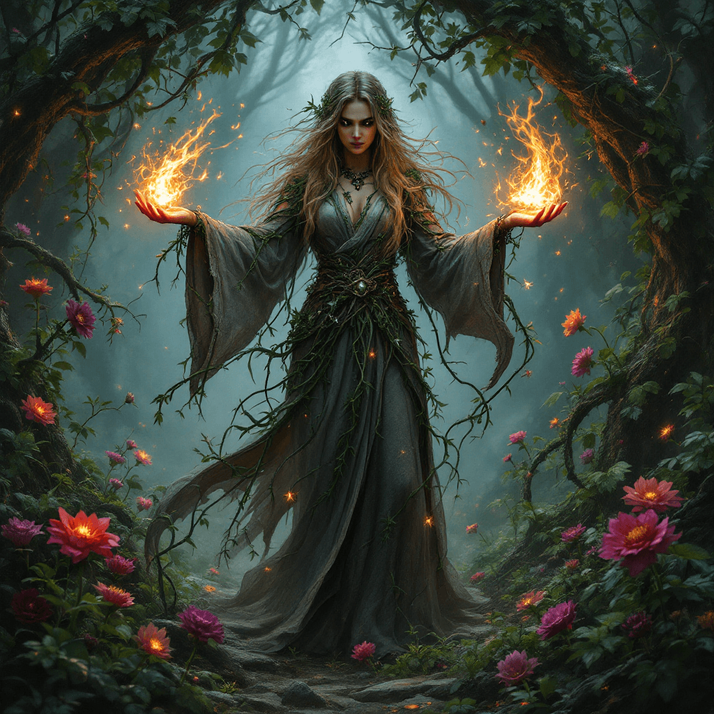 AI generated: A fantasy scene of a full-body woman casting a spell in a magical clearing. She wears robes interwov...