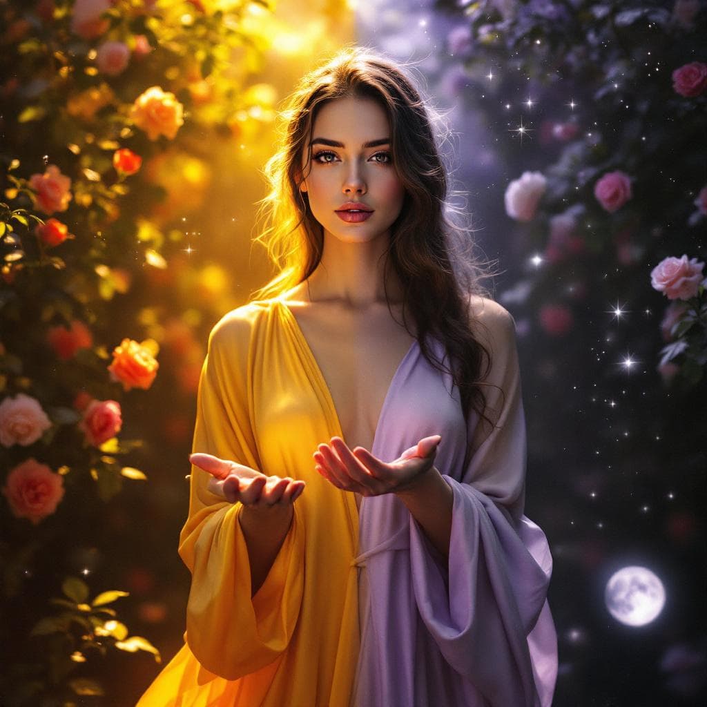 AI generated: A woman standing at the threshold between two worlds — one foot in golden daylight, one in silver mo...