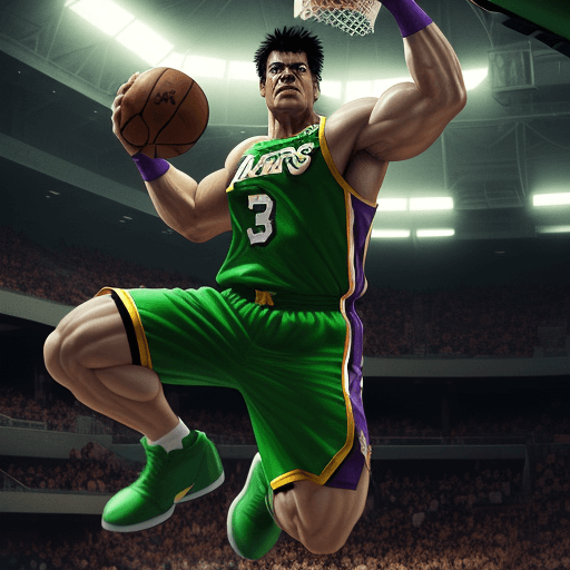 AI generated: Marvel's Hulk playing basketball, he is jumping to dunk on the hoop and he is dressed in the Lakers ...