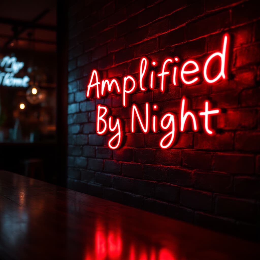 AI generated: hyper realistic red led tube writing in a bar with brick tiles slanted from the side with the text -...