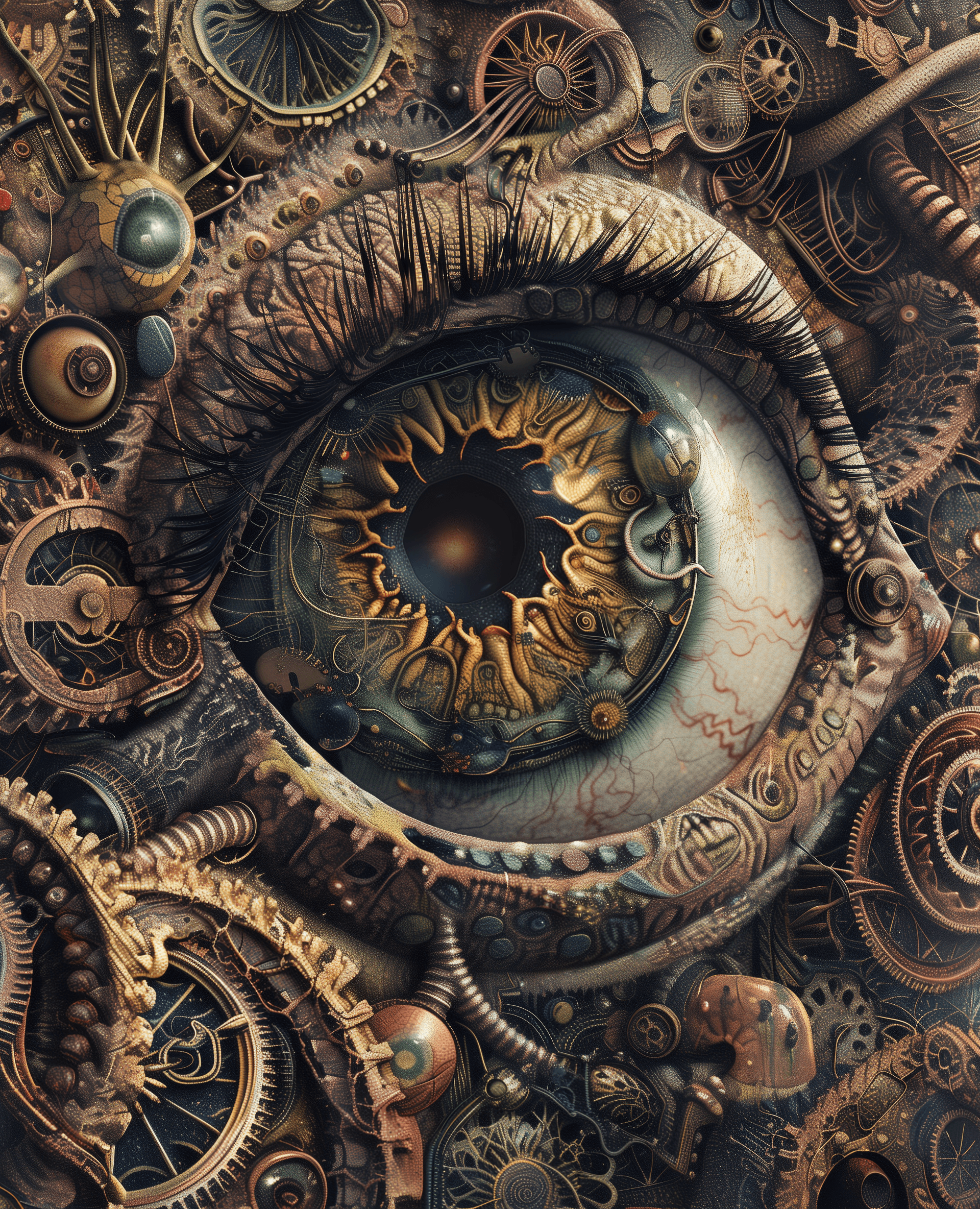 AI generated: A detailed illustration of an eyeball in the center, surrounded by intricate patterns and textures. ...