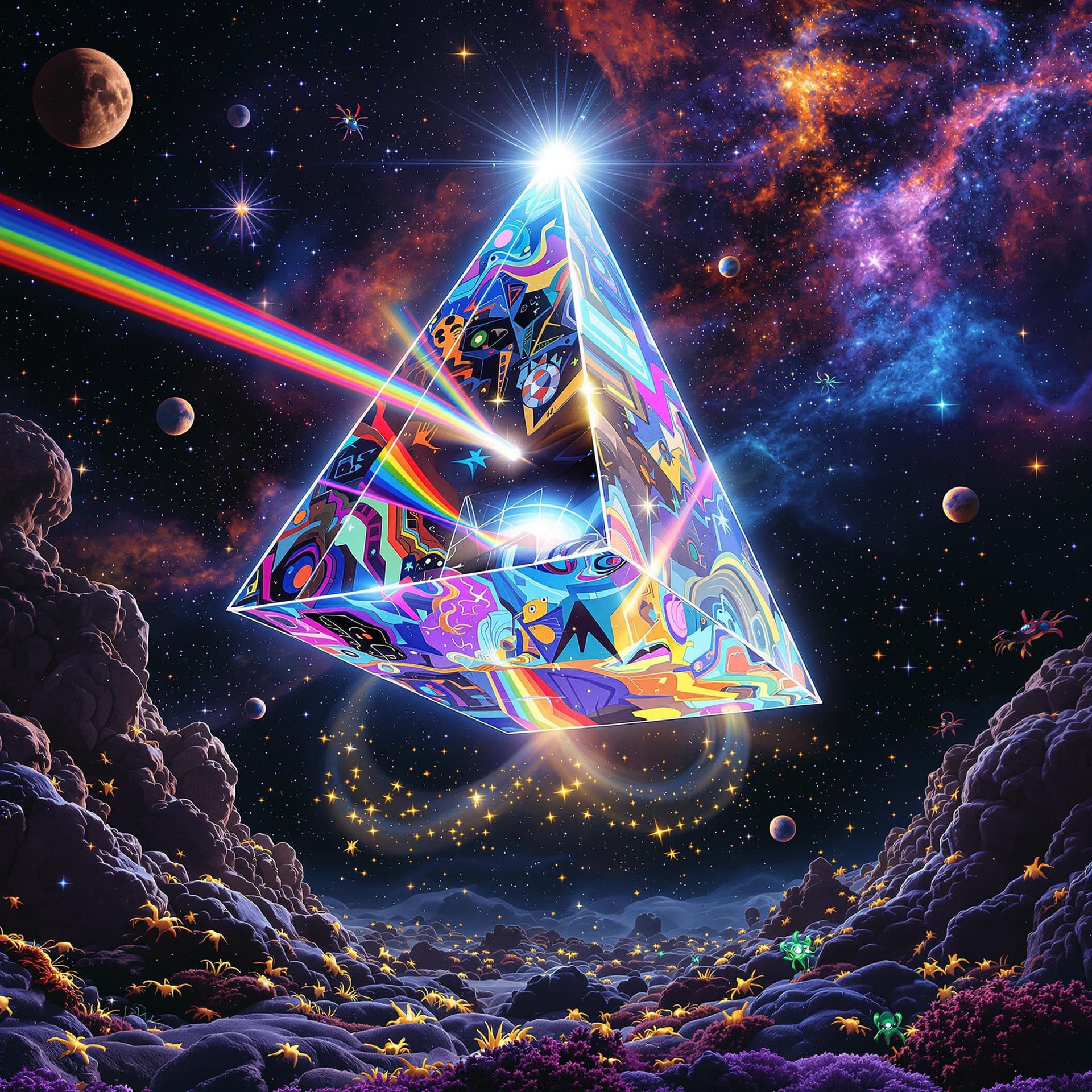 AI generated:  Trippy, psychedelic, and surreal, A giant, clear three-sided prism floating in outer space with whi...