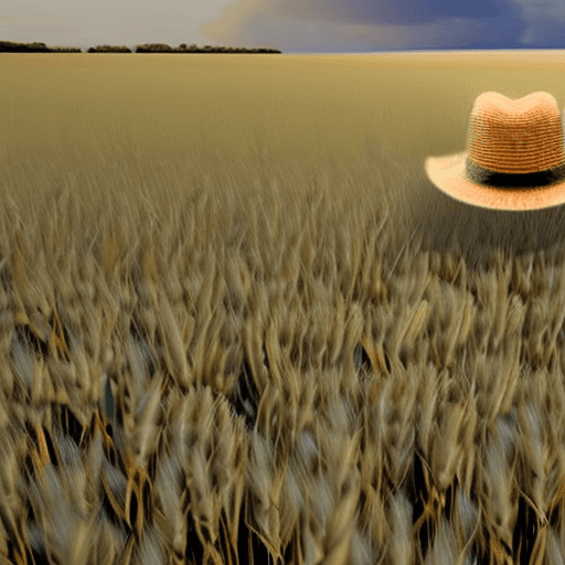 AI generated: Wheat field, a farmer uncle with a straw hat standing in a wheat field, big clouds, blue sky, rice f...