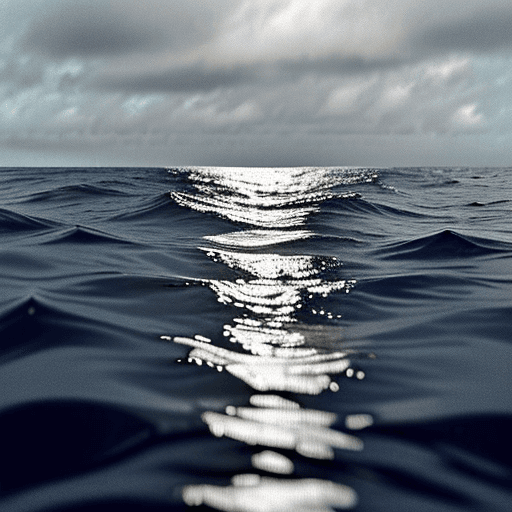 AI generated: view from the water surface of a calm ocean, with a distant horizon and hazy grey clouds
