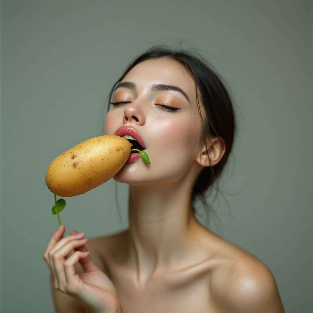 AI generated: A photo model with a potato growing out of her mouth.