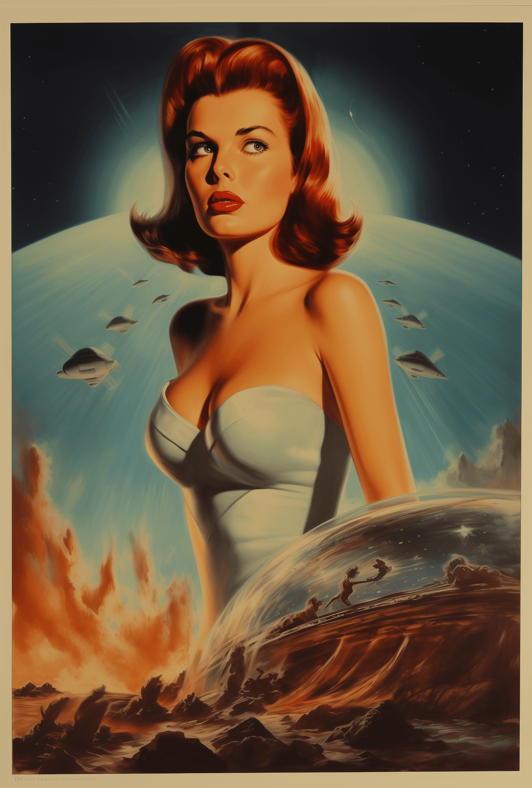 AI generated: A vintage movie poster depicting an alien invasion, with the aliens carrying beautiful women to thei...