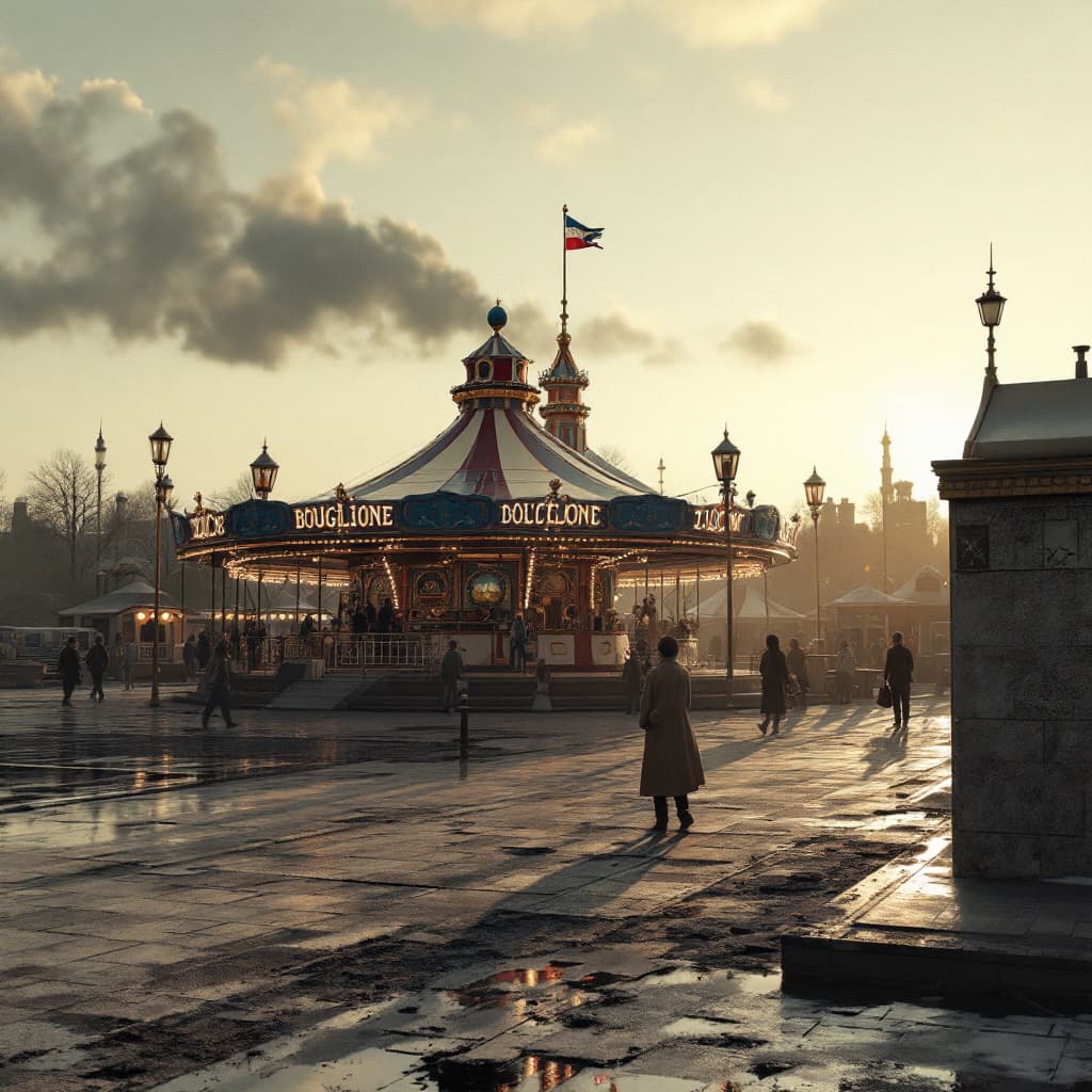 AI generated: 
Photo of an ultra realistic fairground caravan, 
Bouglione marking,
clear light, 
pale sunrise, 
ci...