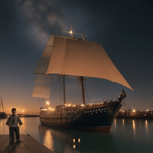 AI generated: A boy with brown hair and sparkling eyes, stands on the dock of the small port, looking with wonder ...